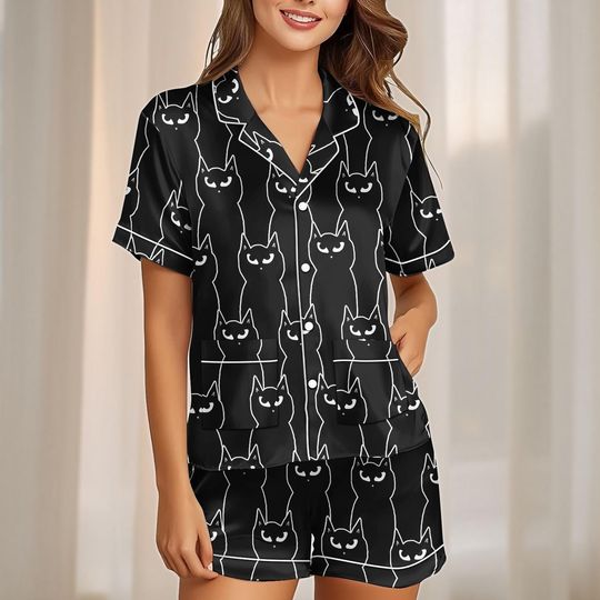 Black Cat Satin Pajamas Short Set, Minimalist Gothic Cat Sleepwear, Halloween Pjs, Cute Spooky Gift, Black Cat Lounge, Gift For Her