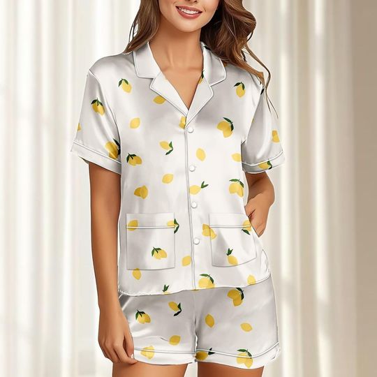 Discover Funny Lemon Satin Pajamas Short Set, Cute Citrus Women Sleepwear, Summer Loungewear, Yellow Fruit Matching Pjs, Birthday Gift For Her