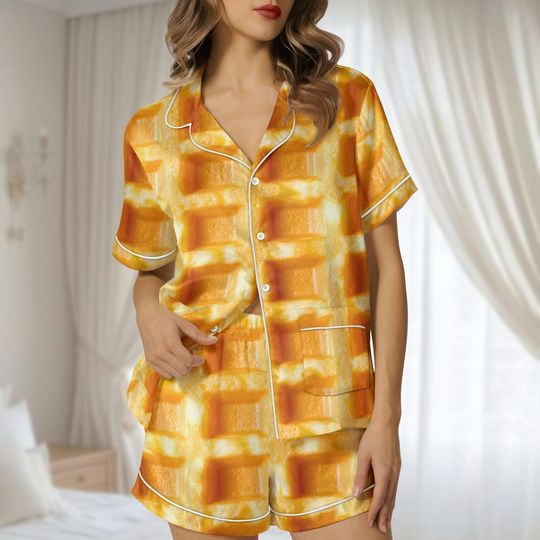 Discover Funny Waffle Satin Pajamas Short Set, Breakfast Print Sleepwear, Foodie Short Sleeve Pajamas, Cute Satin Loungewear, Food Lover Gift
