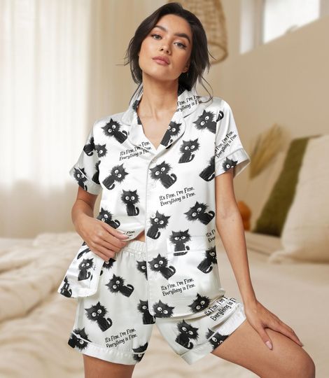 Discover Black Cat Short Satin Pajamas, Its Fine Pajamas Set, Everything Is Fine Silk Pajamas, Black Cat Bride Pajamas, Its Fine Pajamas Women