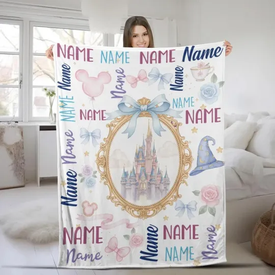 Disney Mickey Coquette Bows Castle In Mirror Watercolor Customize Fleece Blanket