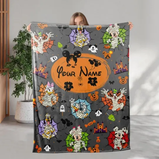 Disney Mickey And Friends Spooky Halloween Grey Customize Fleece Blanket