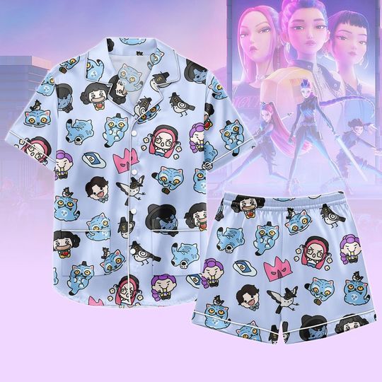 Kpop Demon Hunter Satin PJs Set, Chibi Demon Hunter Char Short PJs Set, Huntr/x Shorts PJs, Saja Boys Short Sleeve PJs, Gift for Kpop F