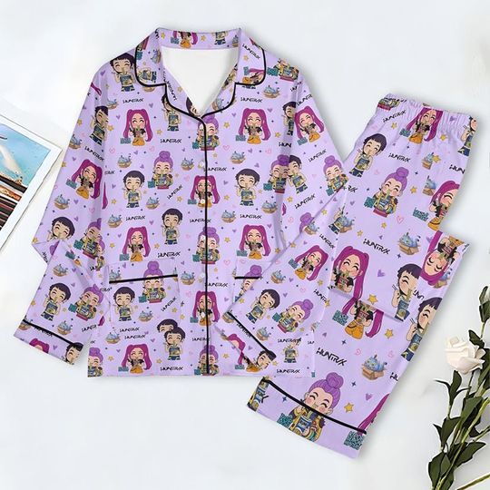 Discover Huntrix Girl Pajamas Set, Kpop Demon Hunter Pajamas Set, Mira Rumi Joey Sleepwear, Demon Hunter Merch, Huntrix Fan Gift, Music Pajama Set