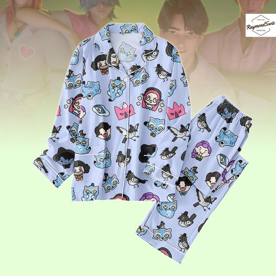 Kpop Demon Hunter PJs Long Set, Chibi Demon Hunter Char Thick Pajamas, Huntr/x PJs, Saja Boys PJs, Matching PJs Set, Gift for Kpop Fan