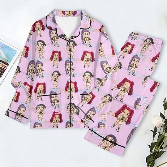 Discover Huntrix Girl Pajamas Set, Kpop Demon Hunter Pajamas Set, Mira Rumi Joey Sleepwear, Demon Hunter Merch, Huntrix Fan Gift, Music Pajama Set