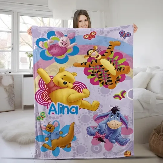 Discover Disney Winnie The Pooh & Friends Floral Pattern Purple Customize Fleece Blanket