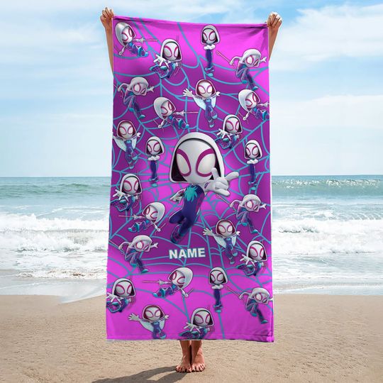 Customized Ghost-Spider Beach Towel, Spidey and His Amazing Friends Bath Towel, Pool Towel, Disneyland Gift For Kid, Kids Beach Towel