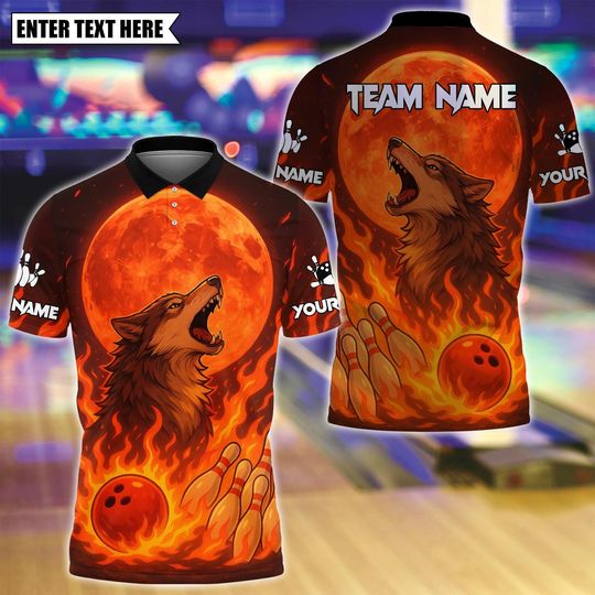 Discover Custom Bowling Polo Shirt, Moon Wolf Bowling Polo Shirt, Gift For Him