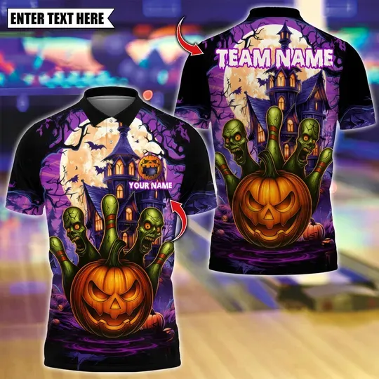 Custom Bowling Polo Shirt, Halloween Pumpkin Zombie Pins Polo Shirt, Gift For Him