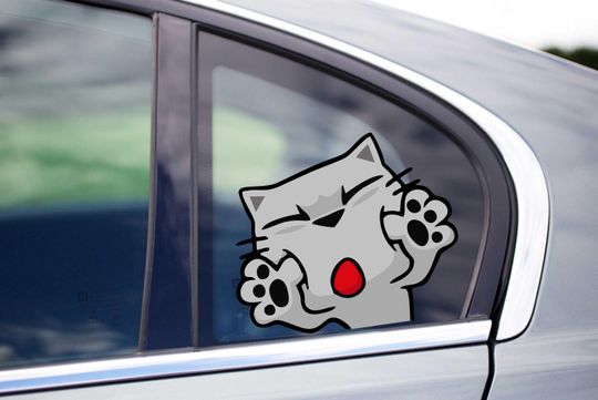 Cute funny gray Cat Peeking Peek Peekabo Window Vinyl Decal Stickers Meme LOL Kitty Cat