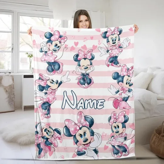 Discover Disney Minnie Mouse Cute Actions Striped Customize Fleece Blanket