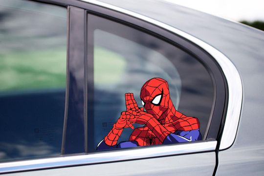 Discover Spider man plotting plan Peeking Peek Peekabo Peekers Bumper Window Vinyl Decal Cute Marvel Avengers Disney Stickers thinking