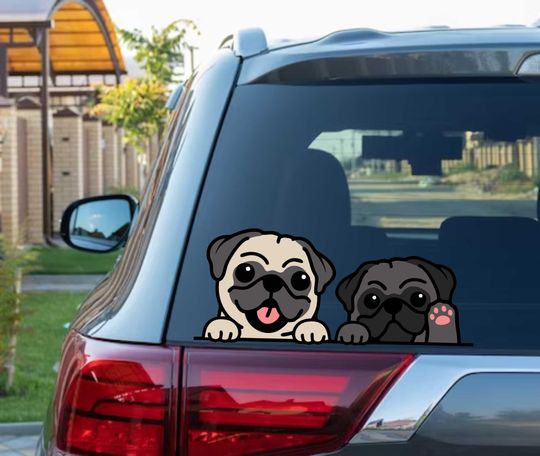 Discover Two Cute Pugs Peeking Peek Peekabo Peekers Bumper Window Vinyl Decal Cute Puppy Funny Stickers