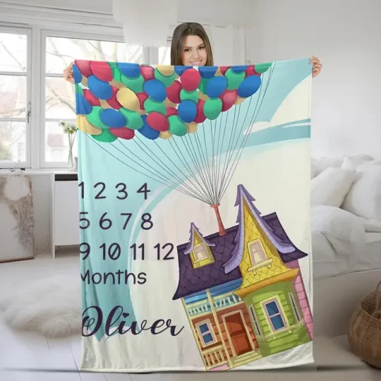 Disney Up Inspired Milestone Flying Balloon House Customize Fleece Blanket