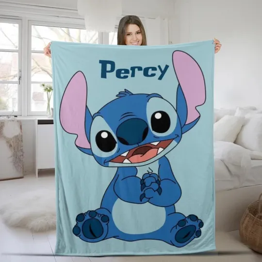 Discover Disney Stitch Big Graphic Sitting Pose Blue Customize Fleece Blanket