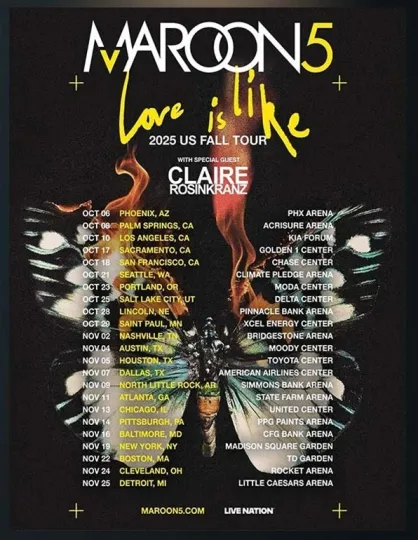 Discover Maroon 5 Love Is Like 2025 US Fall Tour Cities Vertical Poster