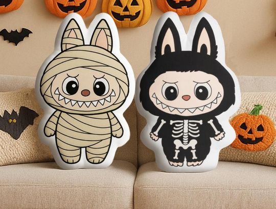 Discover Spooky Labubu Halloween Pillow  Vampire & Ghost Labubu Plush Cushion, 3D Cartoon Doll Pillow, Seasonal Home Decor, Autumn Gift for Kids