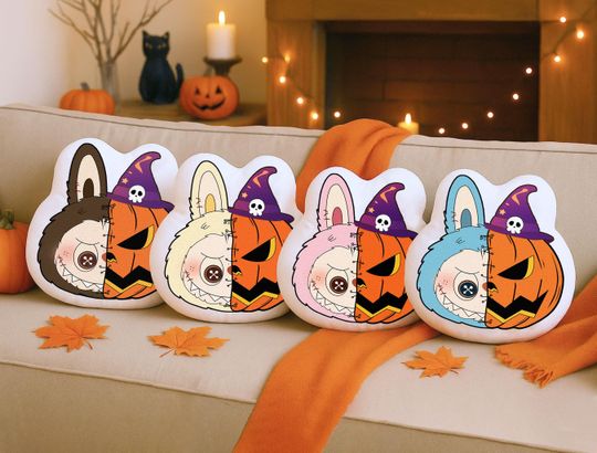 Discover Halloween Labubu Pumpkin Plush Pillow, Cute Labubu Doll Cushion, Spooky Stuffed Toy Gift for Halloween, Pumpkin Head Pillow, Halloween Gifts