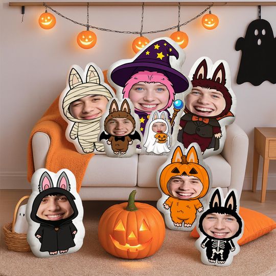 Discover Personalized Labubu Face Plush Pillow, Custom 3D Photo Pillow, Halloween Cartoon Doll Cushion, Spooky Plush Gift for Kids, Halloween Gifts