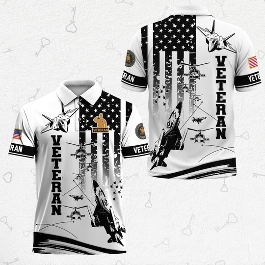 Veteran Military Polo Shirt, US Flag, Air Force Jets Polo Shirt, Gift For Him
