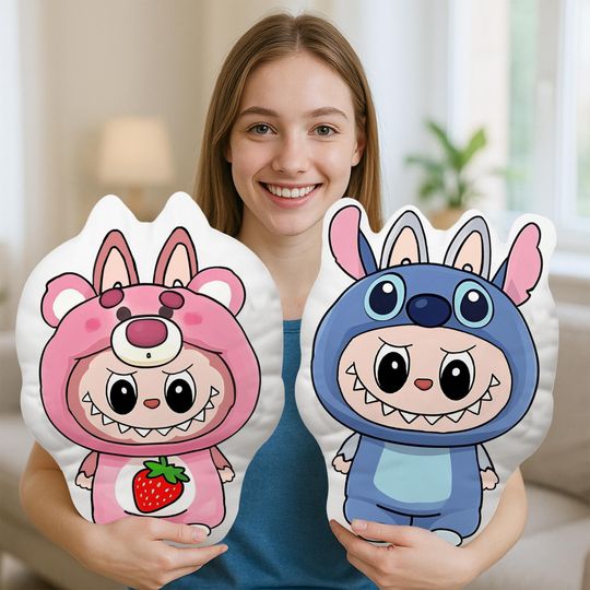 Cute Spiderman Kuromi Doraemon Labubu Plush Pillow, Double Sided Strawberry Bear Cushion, Cartoon Doll Toy, Gift for Kids & Friends