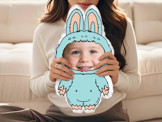Discover Personalized Cartoon Pillow with Your Photo, Custom Face Pillow Labubu Style, Cute Face Throw Pillow, Custom Gift for Kids or Friends
