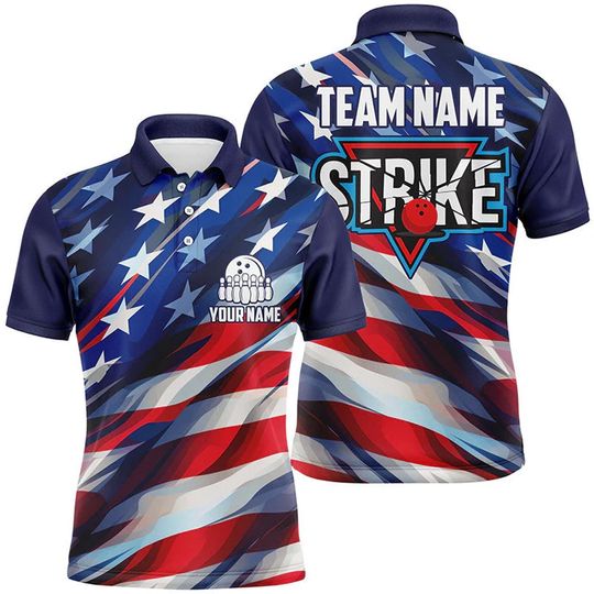 Personalized American Flag Bowling Polo Shirt, Gift For Him