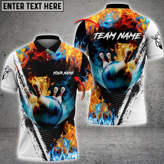 Discover Personalized Bowling Fire Polo Shirt: Custom Name 3D Print Bowling Team Shirt Bowling Player Bowlers Gift