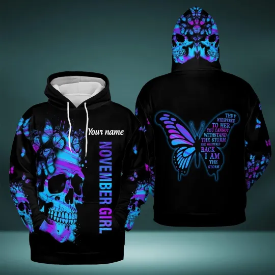 Discover 3D Skull Butterfly November Girl Hoodie Personalised Name