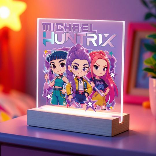 Huntrix Hunters Acrylic LED Lamp, Custom Name Night Light, Neon Kpop Fan Room Decor, Kawaii Gift for Her, Wood Base Light