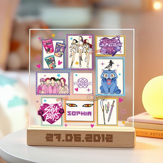 Kpop Inspired Acrylic LED Lamp, Custom Name Light with Saja Boys & Huntrix Collage, Fan Room Decor Gift, Anime Girl Gift, Personalized Gift