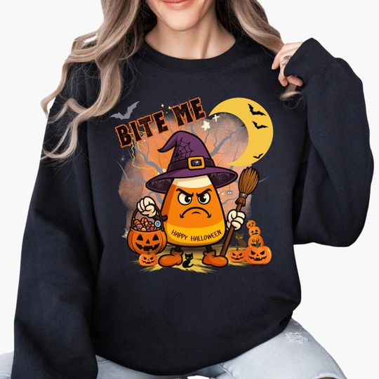Bite Me Candy Corn Halloween Sweatshirt, Funny Witch Pumpkin Fall Sweatshirt