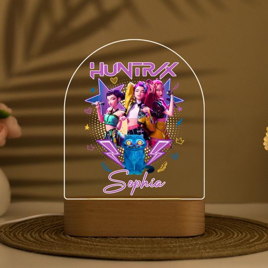 Custom Demon Hunters Kpop Night Light with Name, Personalized Huntrix Gift for Kid, Cute Blue Tiger Lamp, For Huntrix Fan, Kpop Gift for Her