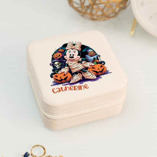 Girls Halloween Gift, Minnie Mouse Jewelry Box with Name, Square PU Leather Jewelry Case, Mummy Minnie Jewelry Storage, Spooky Halloween