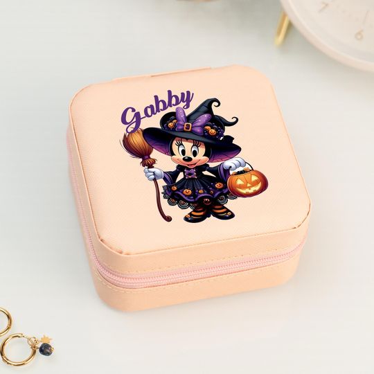 Custom Minnie Mouse Witch Jewelry Box, Square PU Leather Earring Box, Disney Necklace Box, Halloween Ring Storage, Disney Halloween Gift