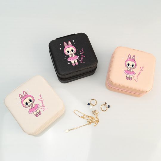 Pink Labubu Jewelry Box for Girl, Black Labubu Travel Jewelry Case, Custom White Jewelry Case with Cute Creature, Viral Character Box Gift