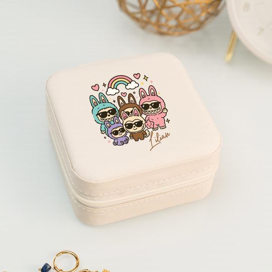 Custom Name Labubu Jewelry Storage, Rainbow Labubu Jewelry Box, Personalized Gift Jewelry Case for Kids, Jewelry Box For Christmas Gift