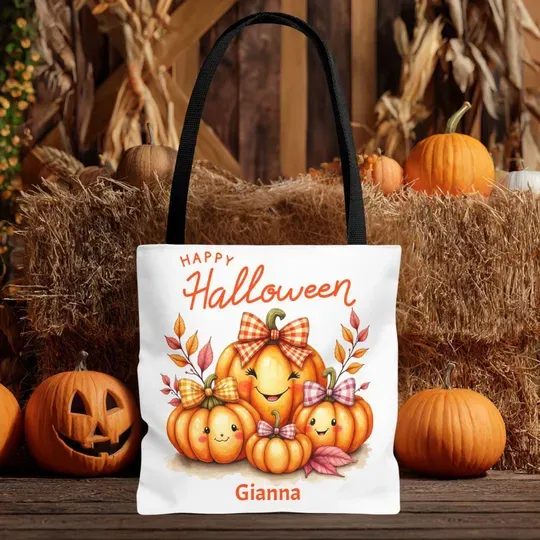 Discover Personalized Pumpkin Halloween Tote Bag, Trick-or-Treat Bag, Cute Pumpkin Family Bag for Kids