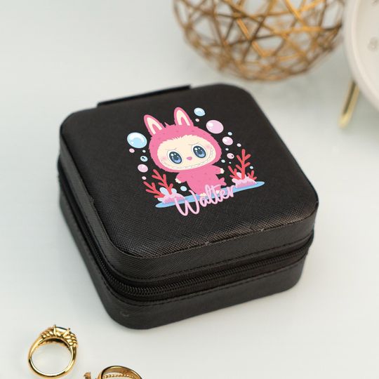 Personalized Name Black Jewelry Box Gift, Monster Cartoon Character Jewelry Case for Birthday Souvenir, Labubu Under Water Jewelry Case