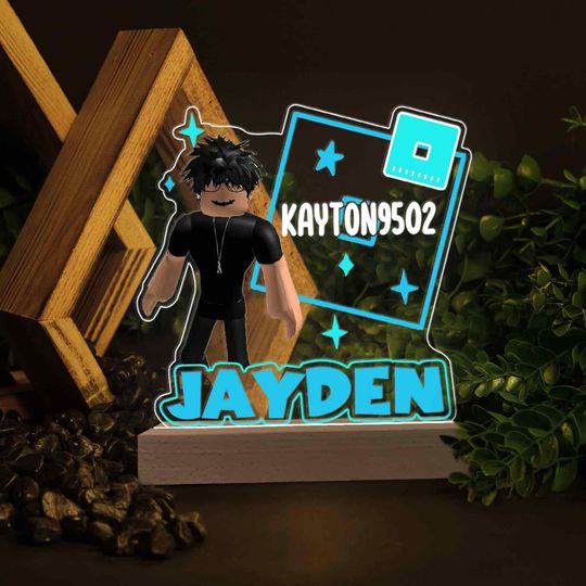 Personalized Avatar Game Character Blue Themed Led Light Wood Base, Custom Name Light, Gaming Gift, Gamer Room Decor