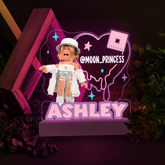 Discover Personalized Avatar Game Character Pink Themed Led Light Wood Base, Custom Name Light, Gaming Gift, Gamer Room Decor