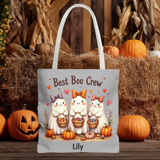 Discover Cute Ghosts Halloween Tote Bag, Personalized Ghost Halloween Tote Bag | Trick or Treat Bag with Name | Best Boo Crew Candy Bag for Kids