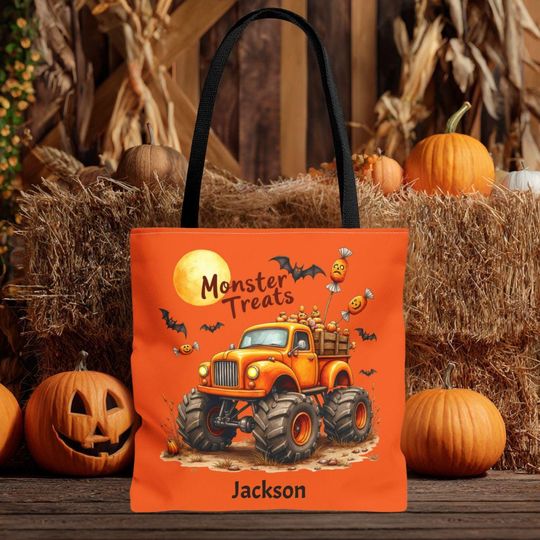 Discover Personalized Halloween Monster Truck Treat Bag: Kids' Trick-or-Treat Tote