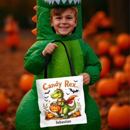 Discover Personalized Dinosaur Halloween Tote Bag: Candy Rex Trick or Treat