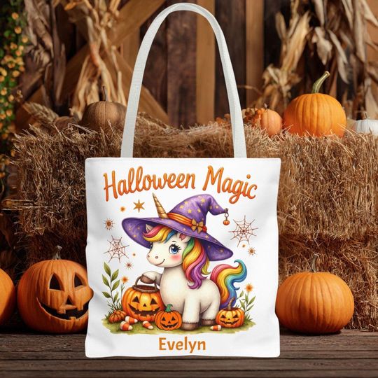 Discover Personalized Halloween Unicorn Tote Bag: Kids Trick or Treat Candy Bag