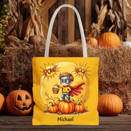 Discover Personalized Superhero Halloween Tote Bag: Comic Book Trick or Treat