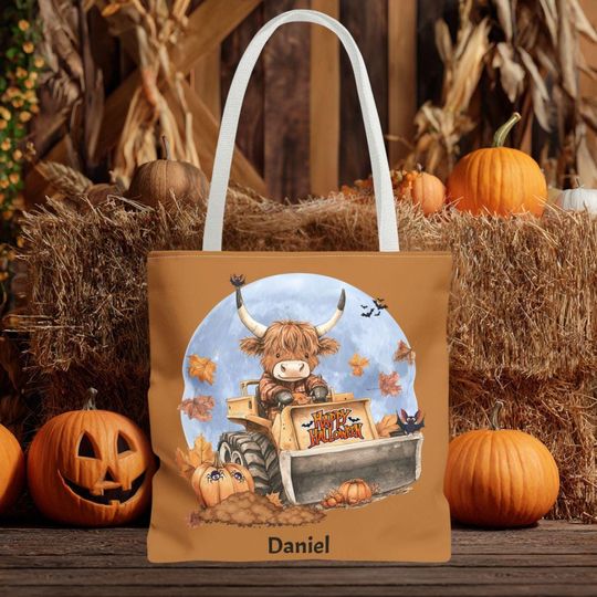 Discover Personalized Highland Cow Halloween Tote Bag: Pumpkin Bulldozer Treat Bag