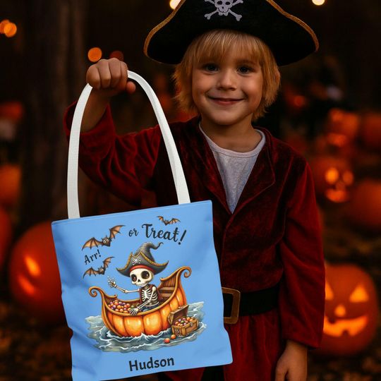 Discover Personalized Pirate Skeleton Halloween Tote Bag: Trick or Treat Candy Bag