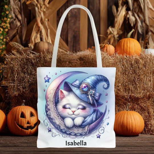 Discover Whimsical Cat Moon Tote Bag:  Cute Cat Lover Gift, Trick or Treat Bag, Everyday Use, Eco-Friendly Shopping Bag